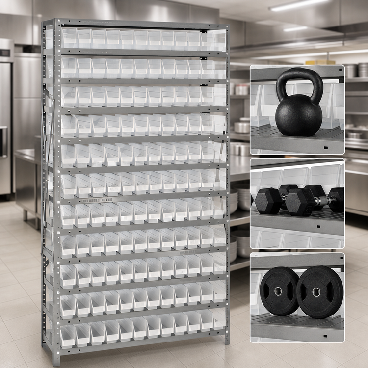 Product image #3 for Quantum Heavy-Duty Stationary Wire Shelving Unit with 13 Shelves and 144 Clear Bins, 36 x 12 x 75 Inches