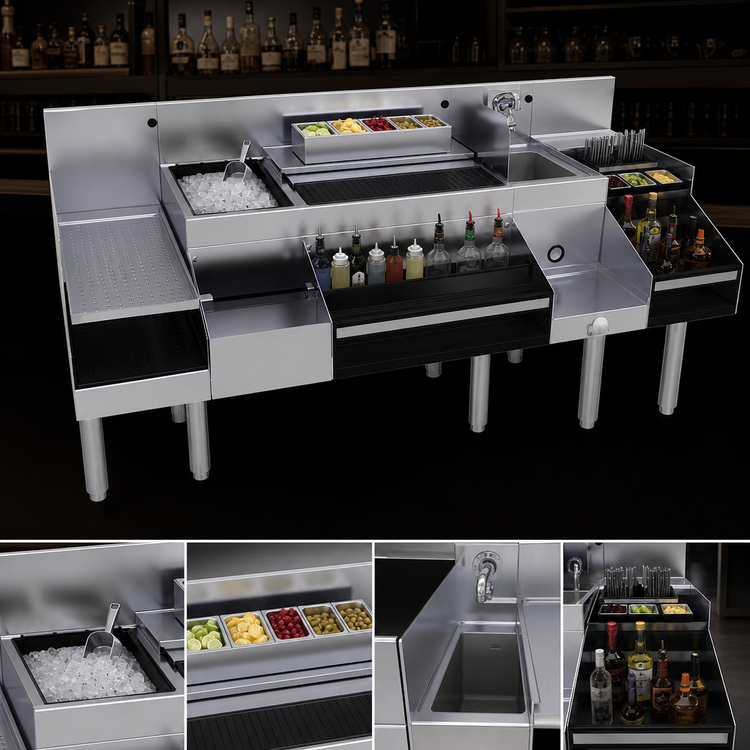Product image #3 for Glastender All-In-One Underbar Ice Bin/Cocktail Station with Blender Shelf, Wet Waste Sink, and 10-Circuit Cold Plate, 72-Inch