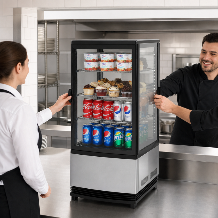 Product image #3 for Turbo Air Diamond Glass Pass-Through Countertop Refrigerated Display Case with 2 Hinged Glass Doors and 3 Shelves, 3.0 Cu. Ft.