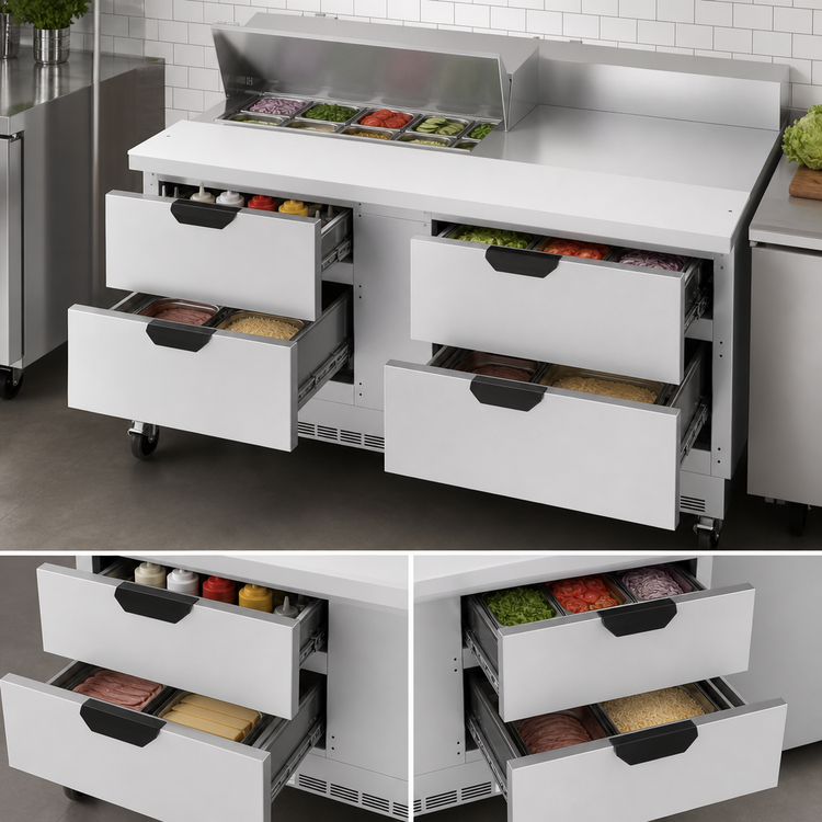 Product image #4 for Beverage-Air 60-Inch Two-Section Sandwich Prep Table with 4 Drawers and 8-Pan Top