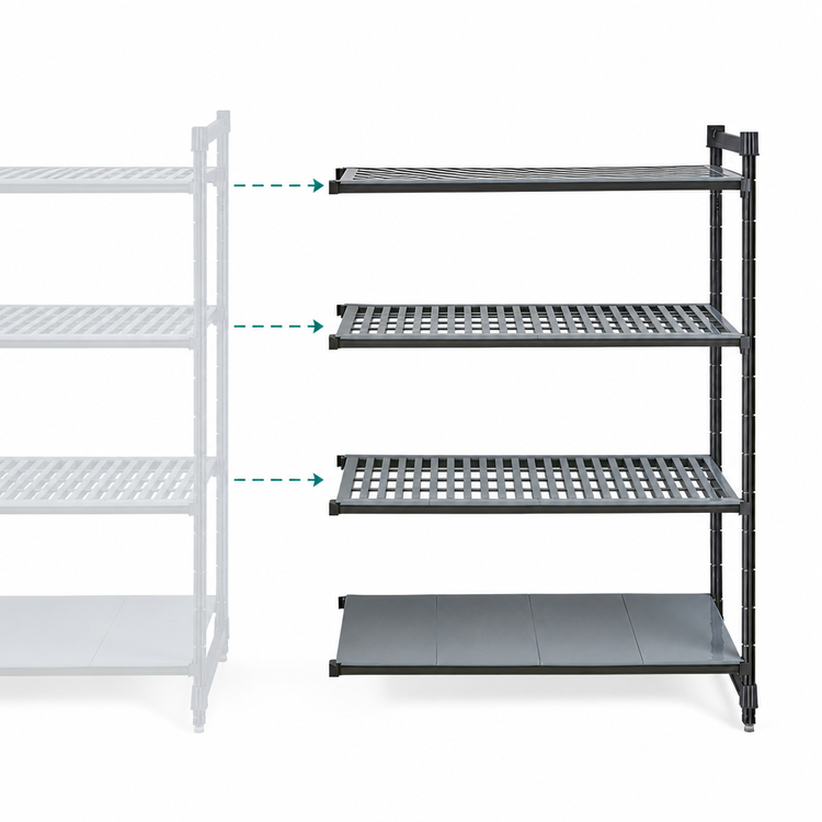 Product image #3 for Cambro Camshelving Basics Plus 18 x 48 x 84 Inch 4-Shelf Vented and Solid Add-On Polymer Shelving Unit