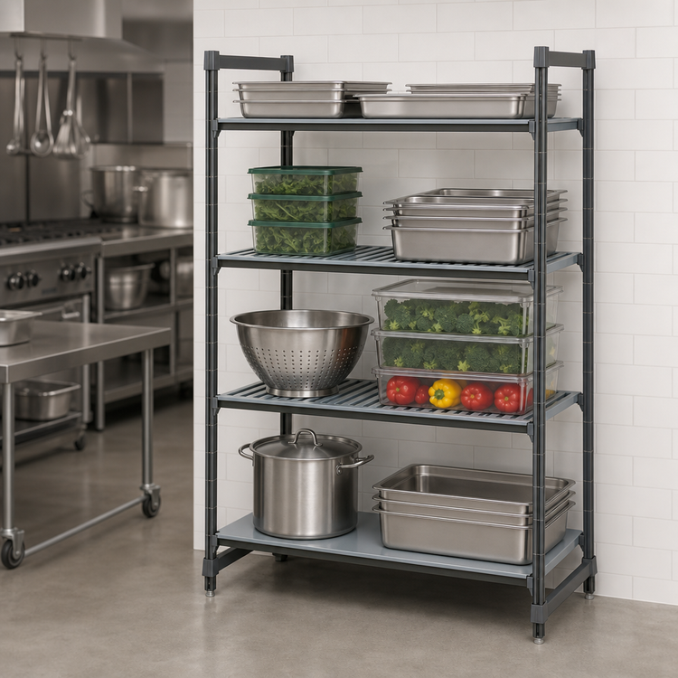 Product image #3 for Cambro Camshelving Basics Plus 4-Tier Stationary Starter Shelving Unit, 24 x 36 x 84 Inches, 3 Vented + 1 Solid Shelves, Brushed Graphite