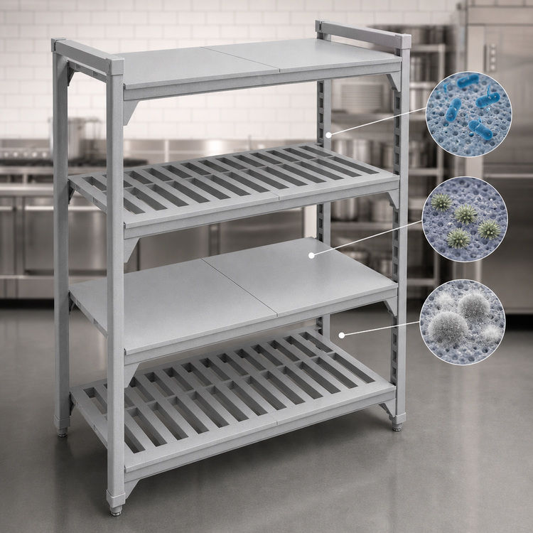 Product image #4 for Cambro Camshelving Premium 21" x 42" Vented & Solid 4-Shelf Polymer Shelf Kit, Speckled Gray