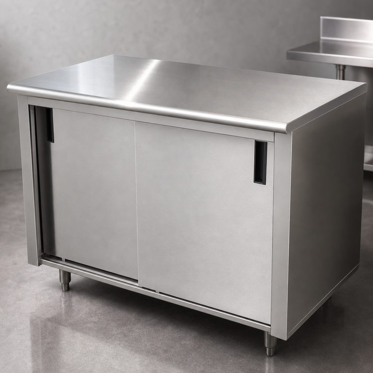 Product image #3 for Advance Tabco Special Value Series Economy Enclosed Work Table with Sliding Doors, 48 x 24 Inch, 16-Gauge 304 Stainless Steel Top