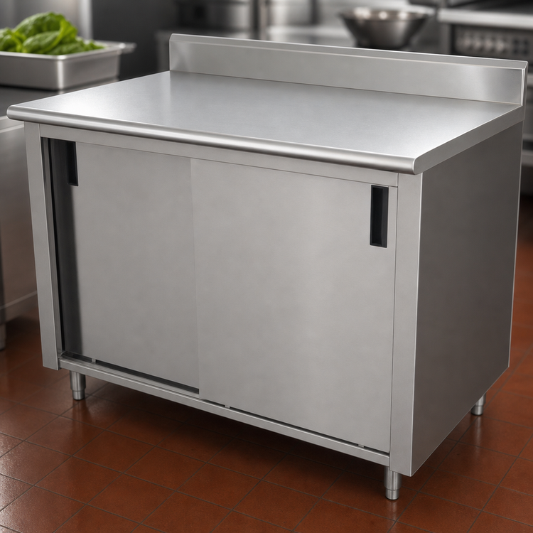 Product image #3 for Advance Tabco Special Value Economy Enclosed Work Table with Cabinet Base, Sliding Doors, and 5-Inch Backsplash, 120 x 24 Inches, 304 Stainless Steel Top