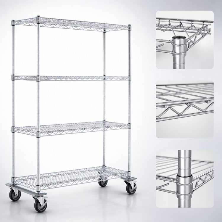 Product image #3 for Eagle Group DT2148-CSB 4-Tier Chrome Wire Shelving Dolly Truck with 5-Inch Casters, 48 x 21 Inches
