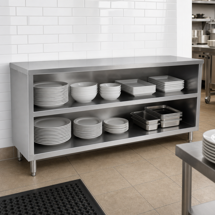 Product image #3 for John Boos 48-Inch Wide Open Front Stainless Steel Dish Storage Cabinet with Open Base and Mid-Shelf