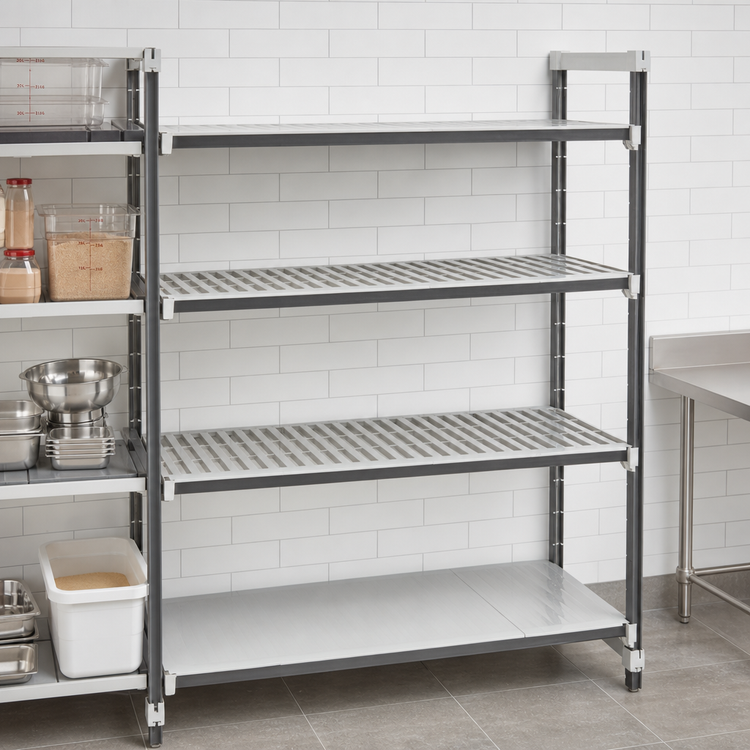 Product image #3 for Cambro Camshelving Elements XTRA 4-Tier Stationary Add-On Polymer Shelving Unit, 18"D x 54"L x 72"H, 3 Vented + 1 Solid Shelves