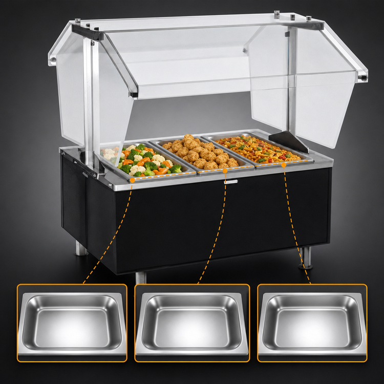 Product image #3 for Eagle Service Mate Deluxe 3-Well Tabletop Buffet Hot Food Table with Double-Sided Sneeze Guard, 48 Inch, 208V, 3-Phase