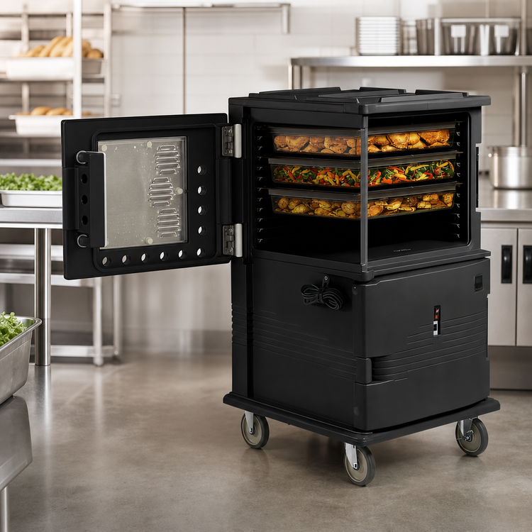 Product image #4 for Cambro Ultra Camcart® H-Series Heated Front-Loading Food Pan Carrier, 2-Compartment, 110V, Heavy-Duty Casters, Black