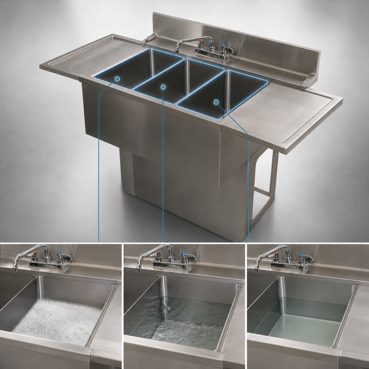 Product image #4 for BK Resources 60-Inch Three-Compartment Underbar Sink with Dual Drainboards and Lead-Free Faucet
