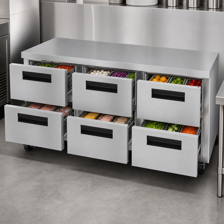 Product image #3 for Hoshizaki Steelheart 72-Inch Three-Section Undercounter Refrigerator with 6 Drawers