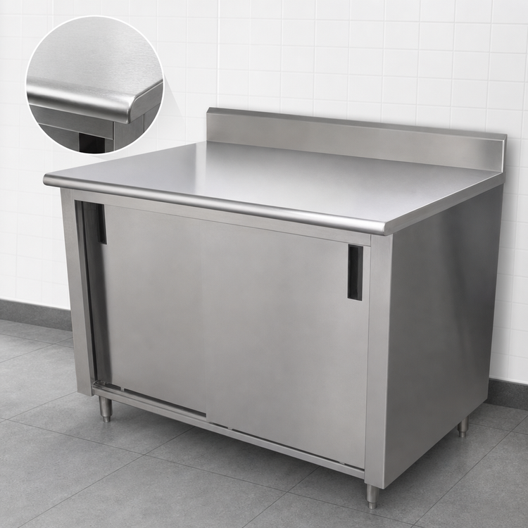 Product image #3 for Advance Tabco 84-Inch x 36-Inch Enclosed Work Table with Sliding Door Cabinet Base, 14 Gauge 304 Stainless Steel Top, 5-Inch Backsplash