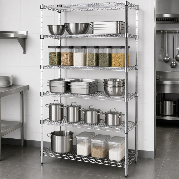 Product image #3 for Quantum Stationary Wire Shelving Starter Kit, 60-Inch Wide x 86-Inch High, Chrome Plated, 5 Shelves