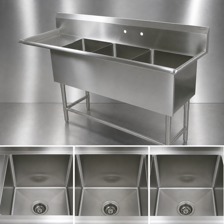 Product image #3 for John Boos Pro-Bowl 3-Compartment Sink with 30-Inch Left Drainboard, 20 x 20 x 12-Inch Bowls, 16-Gauge Stainless Steel