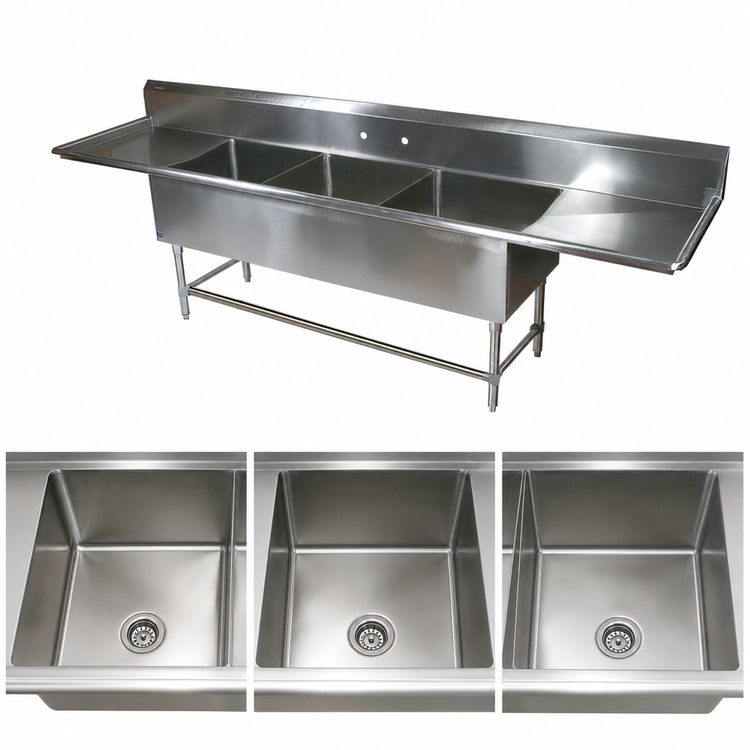 Product image #3 for John Boos Pro-Bowl 3-Compartment Sink with Left and Right Drainboards, 14-Gauge Stainless Steel, Floor Model