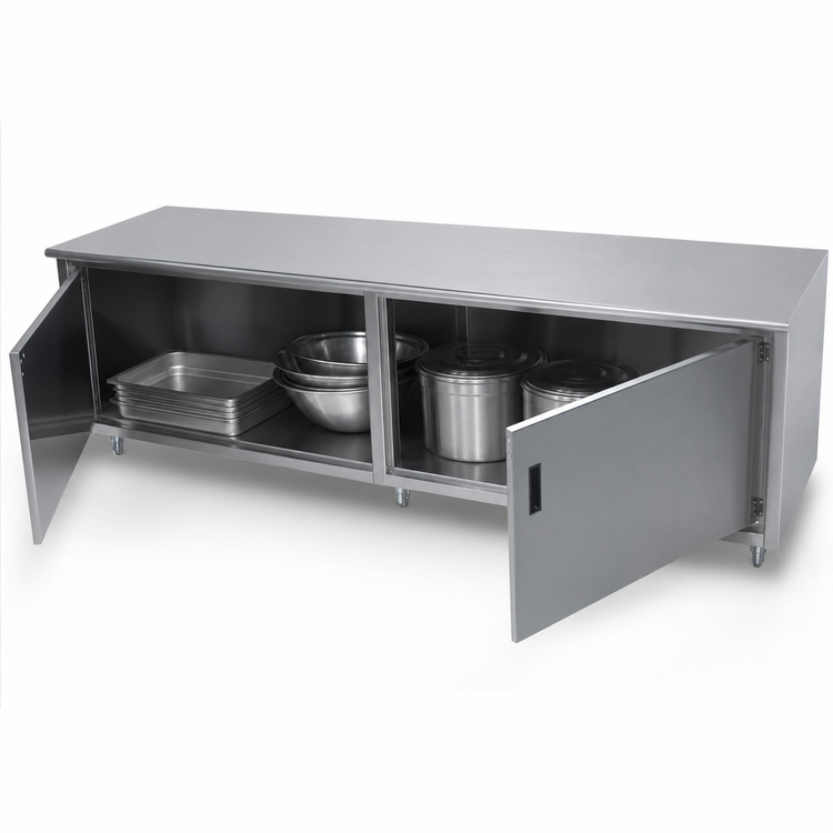 Product image #3 for Advance Tabco Special Value Series 84 Inch x 24 Inch Enclosed Work Table with Cabinet Base and Hinged Doors, 16 Gauge 304 Stainless Steel Top