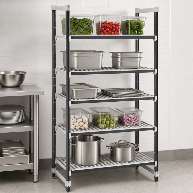 Product image #3 for Cambro Camshelving Elements XTRA 30 x 24 x 72 Inch 5-Tier Vented Stationary Starter Unit, Speckled Gray
