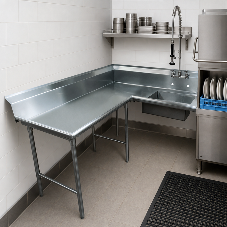 Product image #3 for Advance Tabco Korner Soil Spec-Line L-Shaped Left-Hand Dish Table with Pre-Rinse Sink, 47 Inch, 14 Gauge 304 Stainless Steel