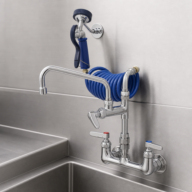 Product image #3 for T&S Brass Pet Grooming Wall-Mount Mixing Faucet & Spray Assembly, 8" Adjustable Centers, 10" Swing Nozzle
