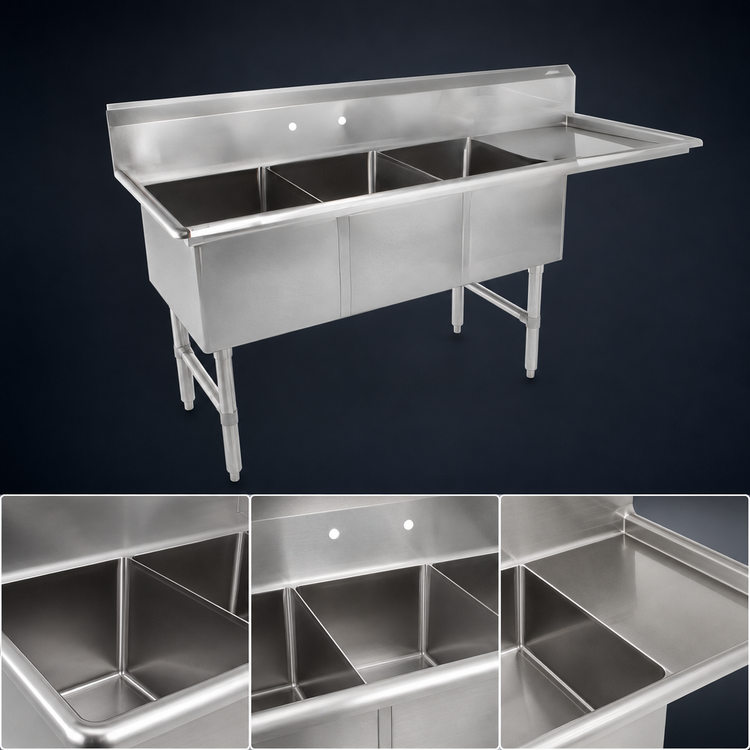 Product image #3 for John Boos B-Series 3-Compartment Stainless Steel Sink with Right Drainboard, 76-3/16" W x 23-1/2" D, 16-Gauge