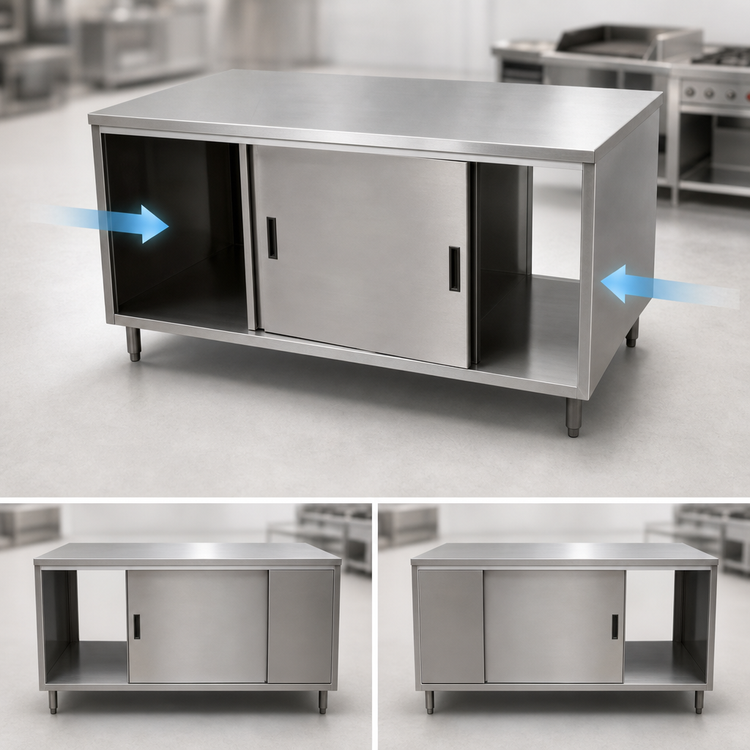 Product image #3 for BK Resources 72" x 36" Dual Access Stainless Steel Chef Table with Cabinet Base and Sliding Doors