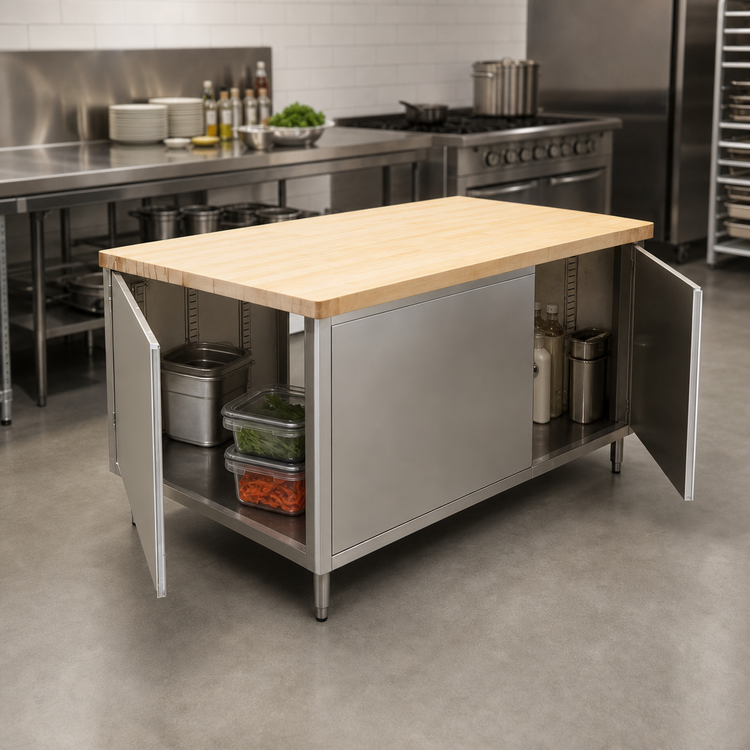 Product image #3 for BK Resources Dual-Access Hard Maple Chef Table with Stainless Steel Cabinet Base and Hinged Doors, 48 x 30 x 34-3/4 Inches