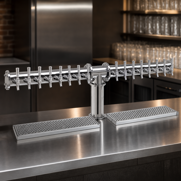 Product image #3 for Glastender PT-16-MF 16-Faucet Air-Cooled Countertop Pipe Tee Draft Dispensing Tower, Mirror Finish