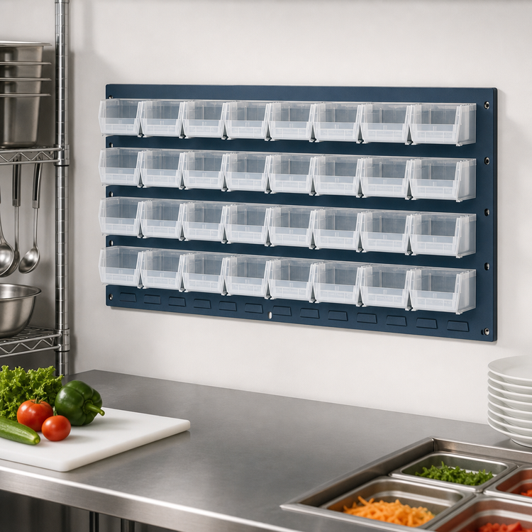 Product image #3 for Quantum Wall-Mounted Louvered Panel Starter Unit with 32 Clear Bins, 36 x 8 x 19 Inches