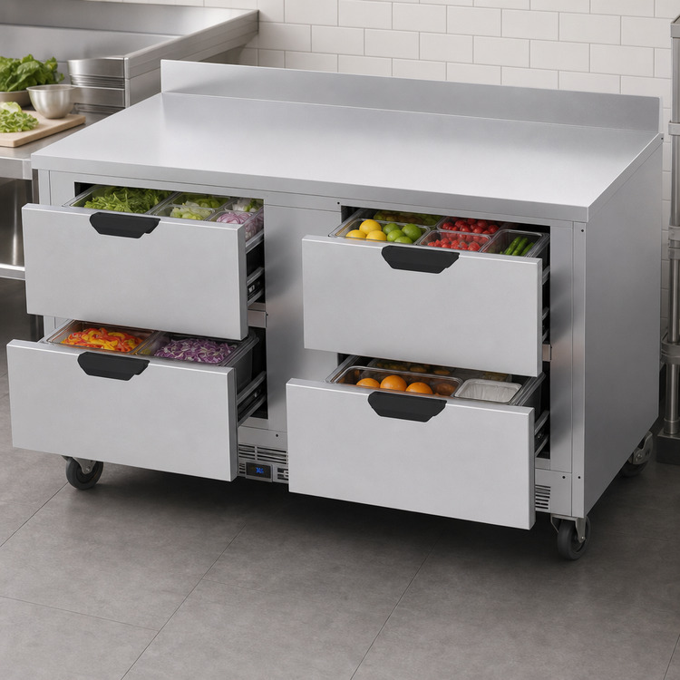 Product image #3 for Beverage Air 60-Inch Two-Section Worktop Refrigerator with 4 Drawers, Stainless Steel, Rear-Mounted Self-Contained R290