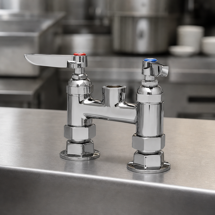 Product image #3 for T&S Brass Deck-Mounted Mixing Faucet Base, 4-Inch Centers, Quarter-Turn Eterna Cartridges, Lever Handles, No Spout