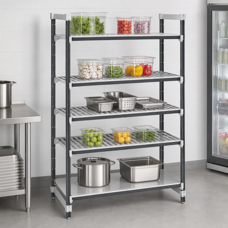 Product image #3 for Cambro Camshelving Elements XTRA 21" x 72" x 84" 5-Tier Stationary Starter Polymer Shelving Unit