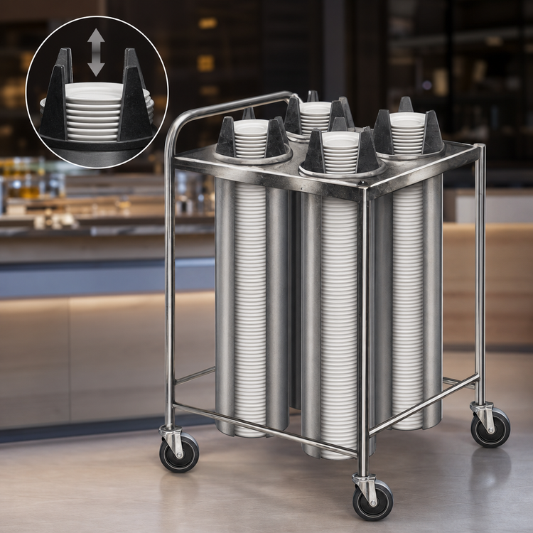 Product image #3 for Dinex DXP4ATG8 Mobile Unheated Plate Dispenser with 4 Self-Elevating Tubes for 10-12 Inch Round Plates