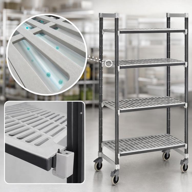 Product image #3 for Cambro Camshelving Elements XTRA 4-Shelf Vented Mobile Starter Unit, 18 x 60 x 78-1/4 in., Speckled Gray