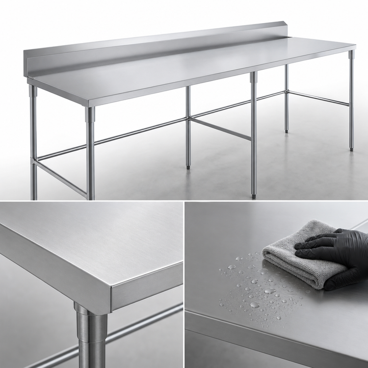 Product image #3 for Sapphire 84-Inch x 30-Inch 18-Gauge 430 Stainless Steel Work Table with 5-Inch Backsplash and Open Galvanized Base