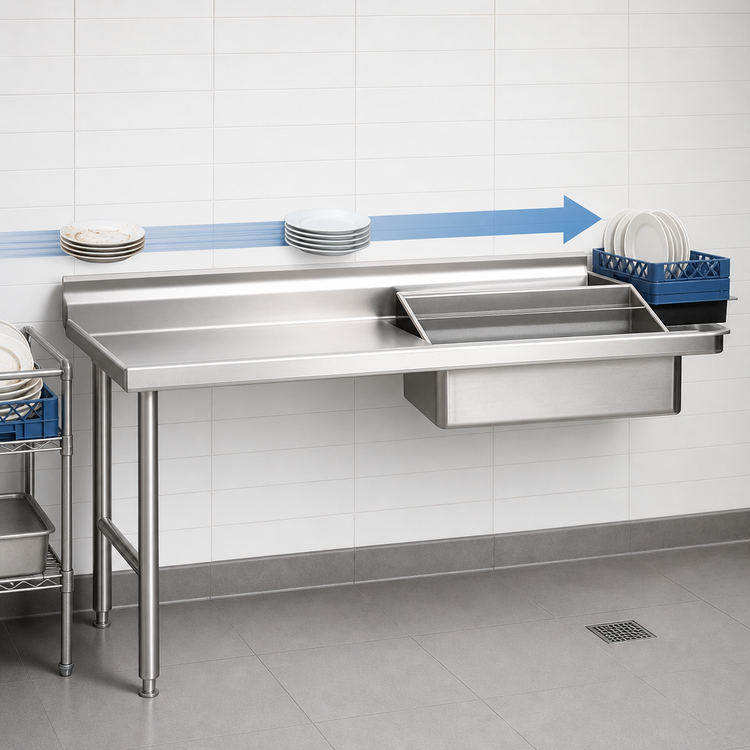 Product image #3 for Eagle Group Straight Soiled Dishtable with 20 x 20 x 5 Inch Pre-Rinse Sink, 60 x 30 x 43-1/2 Inch, Left-to-Right, 16/430 Stainless Steel Top