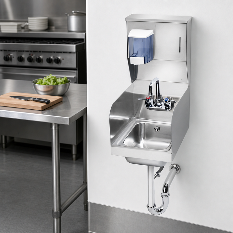 Product image #3 for 12-Inch Wide Stainless Steel Wall-Mount Space Saver Hand Sink with Soap and Towel Dispenser, Side Splashes, and Faucet