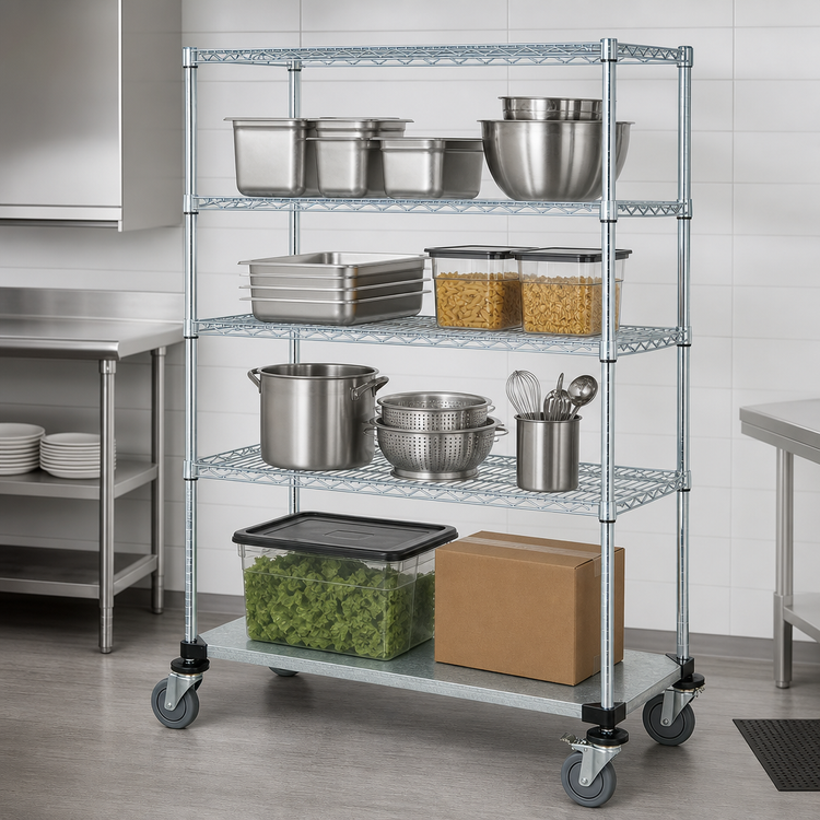 Product image #3 for Quantum 60"W x 24"D x 80"H Mobile Wire Shelving Cart with 4 Shelves and Chrome-Plated Finish