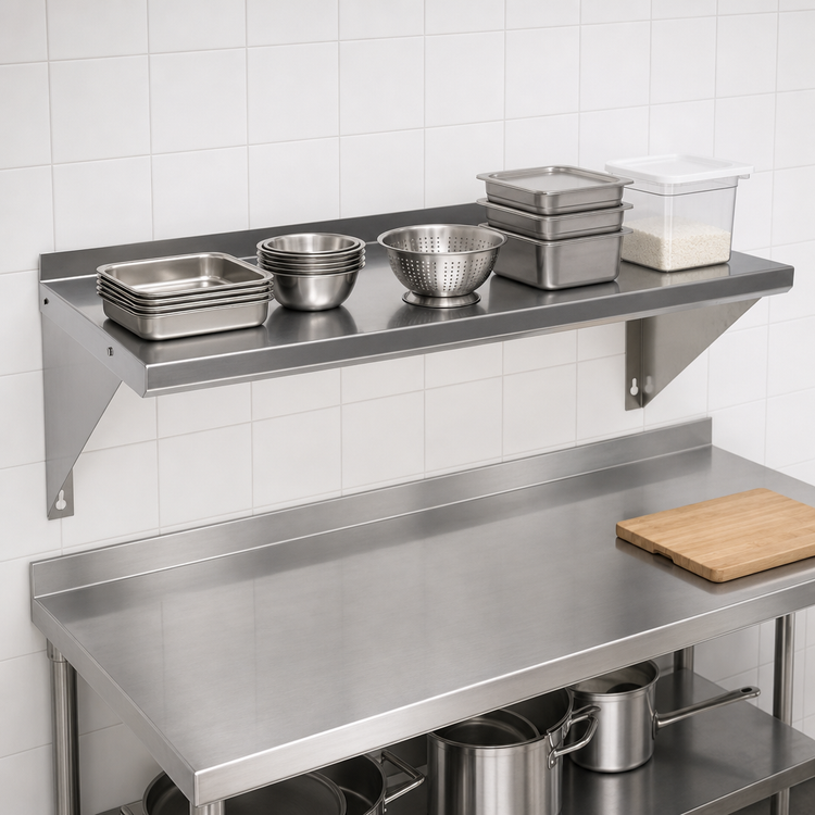 Product image #3 for BK Resources T-430 Economy Stainless Steel Wall Shelf, 96 in. W x 16 in. D