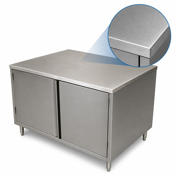 Product image #3 for BK Resources 30-Inch x 30-Inch Single-Sided Stainless Steel Chef Table with Cabinet Base and Hinged Doors