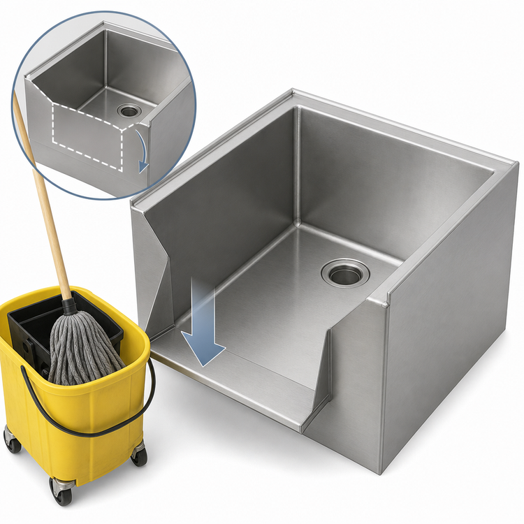 Product image #3 for Advance Tabco Drop Front Floor-Mounted Stainless Steel Mop Sink with 24 x 24 x 12-Inch Bowl and 2-Inch IPS Outlet