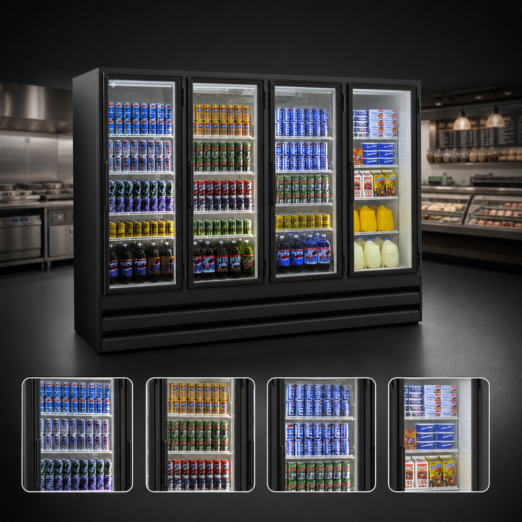 Product image #3 for Howard-McCray Four-Section Glass Door Refrigerator Merchandiser, 102 Cu. Ft., Bottom-Mount Self-Contained, Black