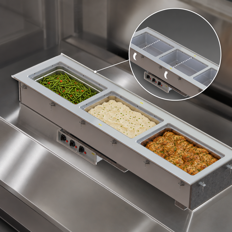 Product image #3 for Vollrath Short-Side 3-Pan Drop-In Hot Well with Marine-Grade Wells, Infinite Controls, Auto-Fill and Manifold Drain, 208-240V