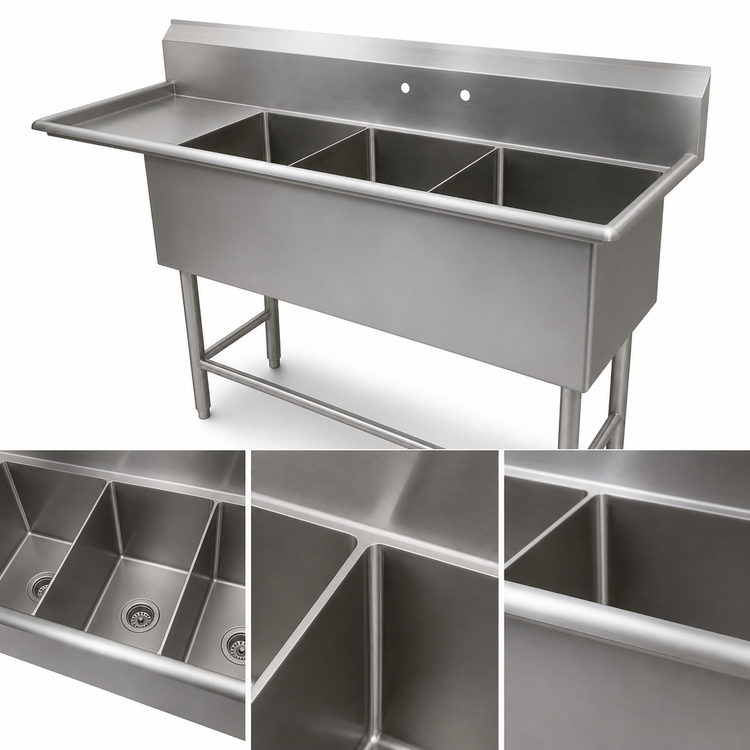 Product image #3 for John Boos Pro-Bowl 3-Compartment Sink with 30-Inch Left Drainboard, 20" x 20" x 14" Bowls
