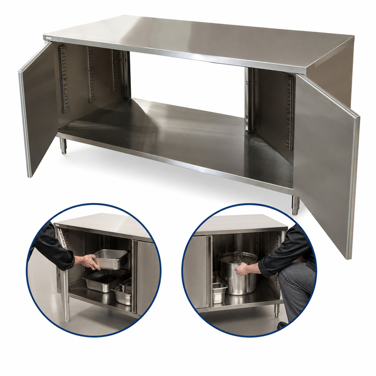 Product image #3 for BK Resources Dual-Access Stainless Steel Chef Table with Cabinet Base and Hinged Doors, 72 x 36 x 34-3/4 Inches