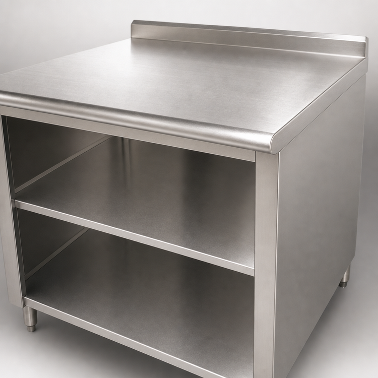 Product image #3 for Advance Tabco 60" x 36" 14 Gauge 304 Stainless Steel Work Table with Open Front Cabinet Base, Mid-Shelf, and 1-1/2" Rear Up-Turn