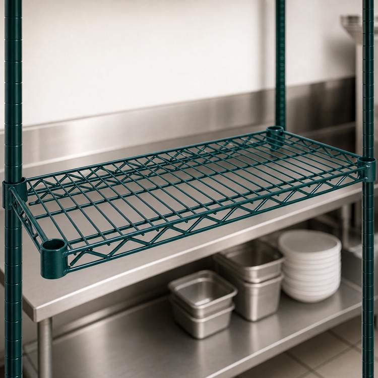 Product image #4 for Advance Tabco Special Value Heavy-Duty Green Epoxy Coated Wire Shelf, 72" x 14"