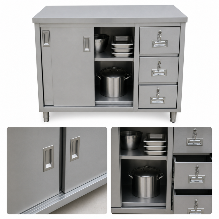 Product image #3 for Omcan Enclosed Stainless Steel Work Table with Sliding Doors and 3 Drawers, 48 x 30 x 36 Inches