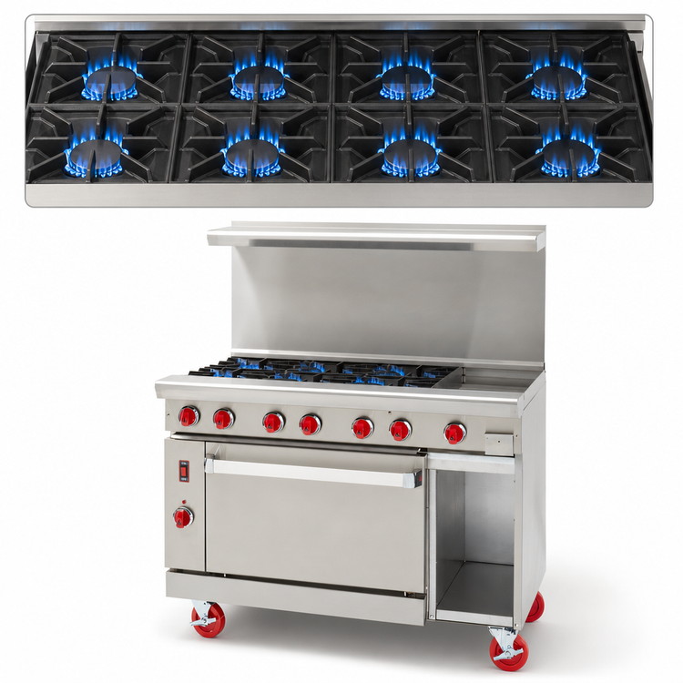 Product image #3 for American Range 48 Inch Green Flame Commercial Gas Range with 8 Open Burners, Standard Oven Left, and Storage Base Right