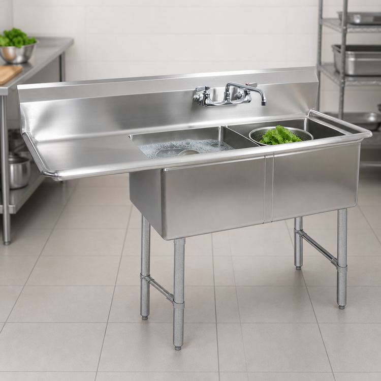Product image #3 for BK Resources Two-Compartment Stainless Steel Sink with 18-Inch Left Drainboard and 16 x 20 x 14 Bowls